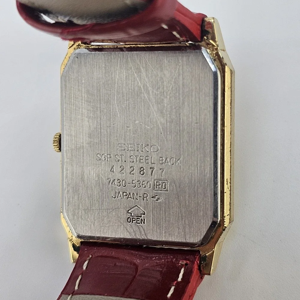 VTG Seiko Tank Women Watch 26MM Gold Dial NEW Red Leather Bands NEW Battery